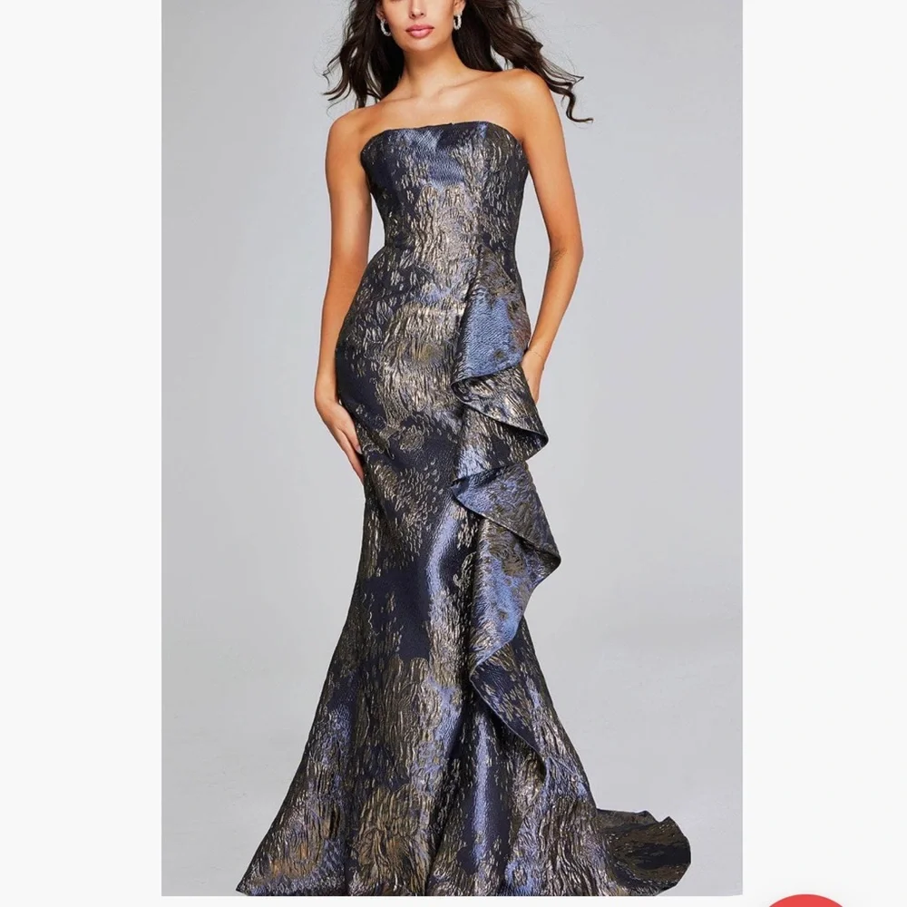 JOVANI Ruffled Accent Mermaid Evening Gown Gray and Gold with custom bolero - Picture 4 of 14